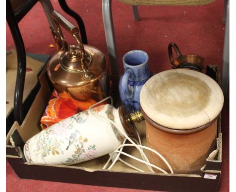 A box containing various items to include a Victorian copper range kettle, table lamp etc