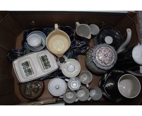 A box of miscellaneous items to include a Victorian Prattware pot lid 'The Room in which Shakespeare was born', 19th century 