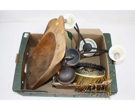 A box of miscellaneous items, to include a carved wooden dough trough, three-light ceiling light fitting, leaded glazed wall 