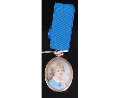 Early 19th century school - Bust portrait miniature of a young boy, watercolour on ivory, in pinchbeck mount, 43 x 32cmSlight