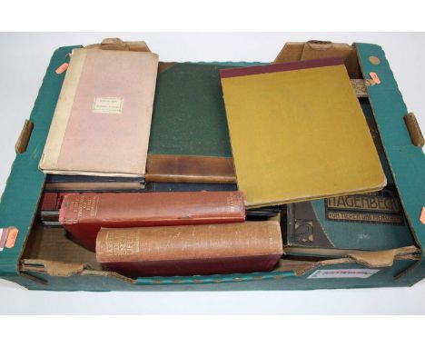 A box of miscellaneous books to include Views in North Britain illustrated, works of Robert Burns, accompanied with descripti
