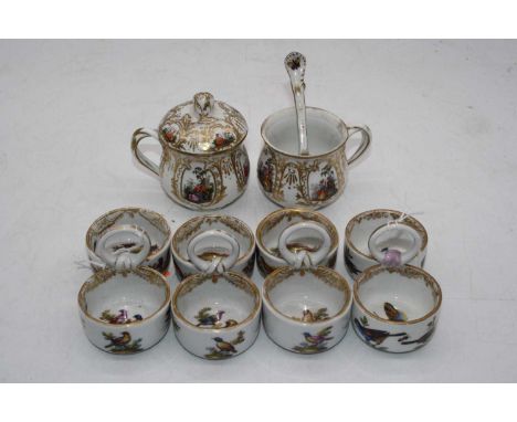 A set of four 19th century Meissen Dresden open salts, each of twin circular form with lop handle, decorated in the Exotic Bi