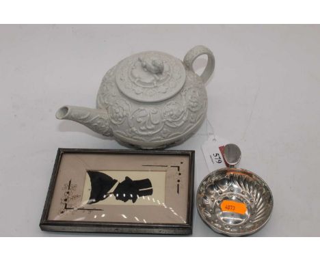 A Victorian Wedgwood relief moulded bachelor's teapot and cover; together with a silver plated wine taster; and a portrait si