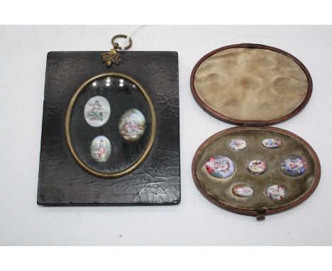 19th century English school - a pair of enamelled portrait miniatures, each depicting a lady in bonnet and dress; together wi