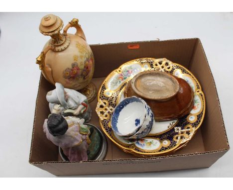 A box of miscellaneous items to include a circa 1900 Royal Worcester blush ivory twin handled vase with shot enamel decoratio