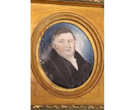 19th century English school - Bust portrait of a middle-aged gentleman, miniature watercolour on ivory, framed as an oval, 6.