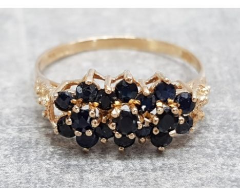 Ladies 9ct yellow gold sapphire cluster ring, comprising of 17 round blue sapphires set in claw setting, 1.6g, size N