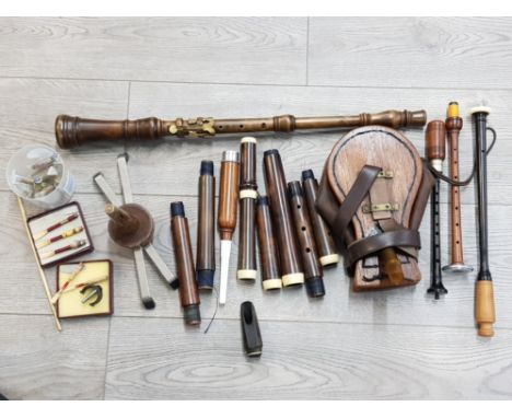 Miscellaneous recorder and pipe parts, and a collection of reeds.