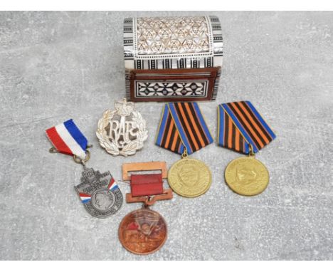Minature inlaid Mother of pearl box together with 4 Foreign war medals