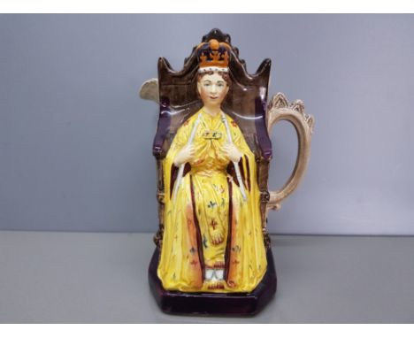 A rare Burleigh Ware pottery Queen Elizabeth II coronation commemorative jug, 1953, handpainted and the queen enabled in yell