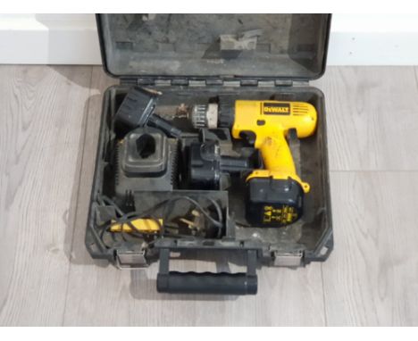 A Dewalt 12v cordless drill with 2 spare batteries and a charger, cased.