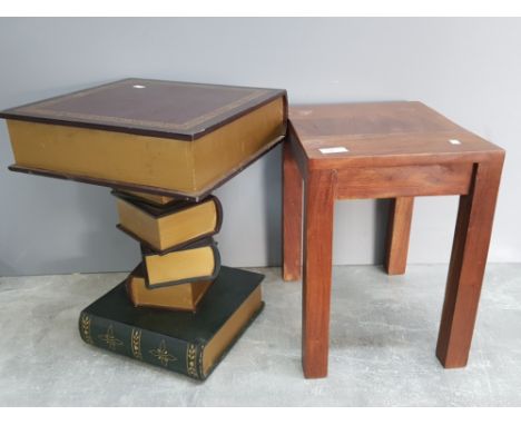 A small novelty lamp table in the form of a stack of books,  together with a smaller hardwood lamp table.