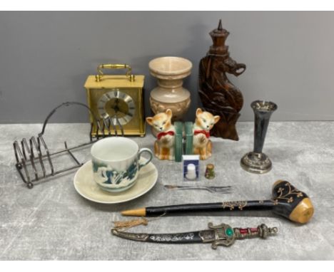 Miscellaneous items including dagger, bookends and clock