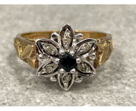 Ladies 9ct gold Sapphire and Diamond flower ring. 3.5G size K