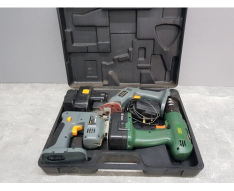 A Power G cordless drill and jigsaw, and a power drill by tools of the trade, cased.