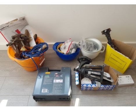 A quantity of tools to include halford jump leads, hard hat, hammers, sockets etc.
