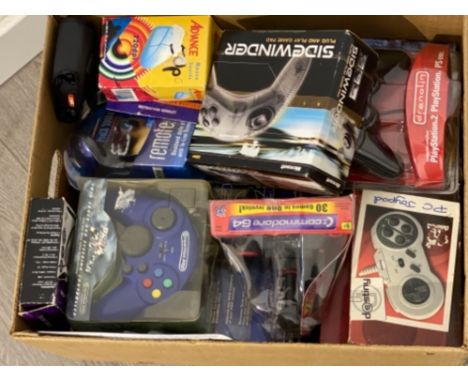 Box of game console leads and controllers etc