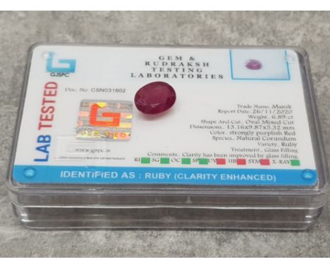 6.89cts Ruby oval mixed cut gemstone with certificate.