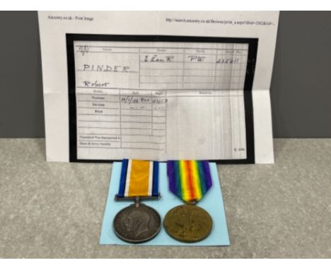 Medals WWI pair of silver and victory medals awarded to Pte R. Pinder. E.Lancs reg 235611