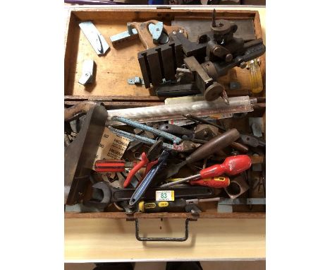 Collection of tools to include chisels, plane and carpenters box