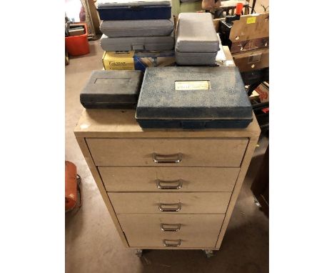 Rolling cabinet of five drawers, each draw containing a collection of tools