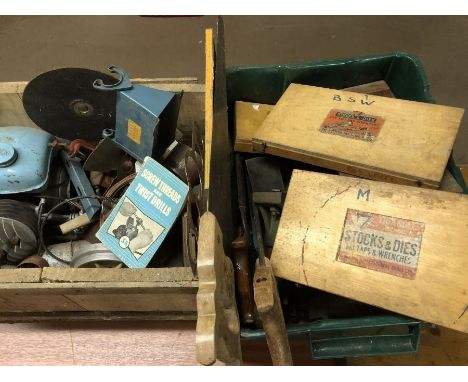 Two boxes of tools to include engine parts, taps and die sets etc