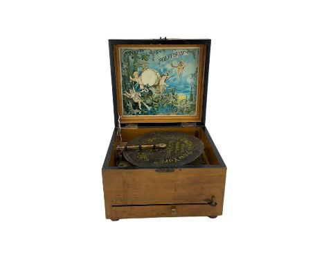 19th century walnut cased table top 'Polyphon' musical disc player, single piece comb, stop lever marked 'Tempo-Regulator, pl