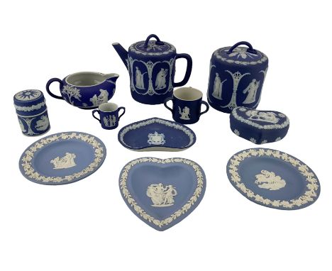 Group of Wedgwood and Adams Jasperware, comprising an Adams teapot, sugar bowl and milk jug; Adams Tunstall miniature tyg; th