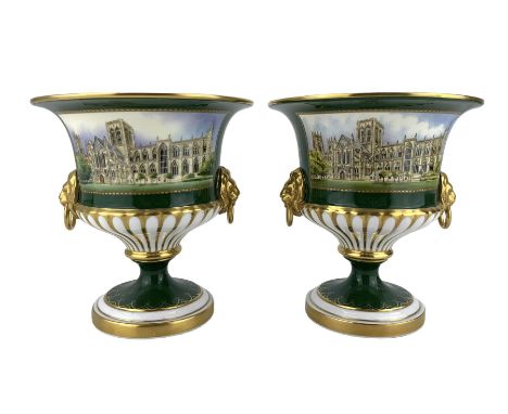 Pair of Royal Worcester limited edition campana shaped urns in commemoration of the 1988 restoration of York Minster, numbere