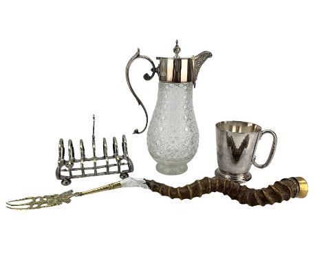 Mappin & Webb cut glass and silver plated claret jug, horn and brass mounted toasting fork, Mappin & Webb silver plated tanka