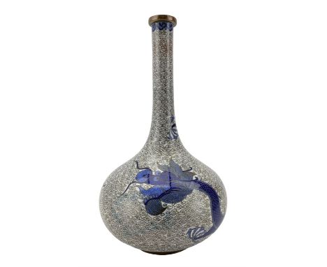 Early 20th century Chinese Cloisonne bottle form vase, decorated in blue and white with a Dragon chasing the flaming pearl, a