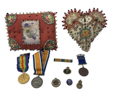 World War 1 pair of War medal and Victory medal to Pte A Harper, East Yorkshire Regt 38357, two Valentine bead work cushions,