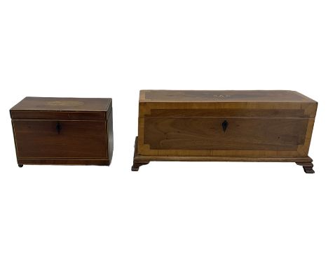 Early19th century mahogany tea caddy with inlaid oval panel on bun feet W20cm and a mahogany box, the interior with lift out 