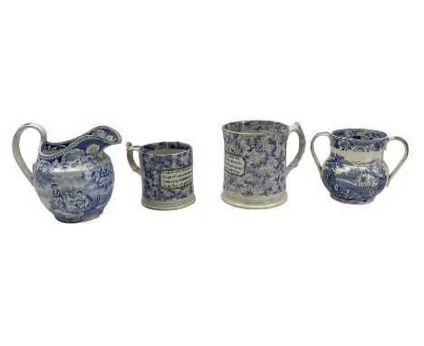 19th century Staffordshire pearlware Order of Oddfellows large tankard, with transfer printed blue and white decoration and v