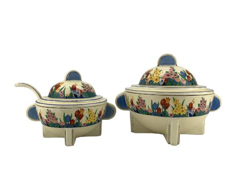 Art Deco Clarice Cliff 'Chloris' pattern tureen and soup tureen with ladle, pattern no. 8964, the soup tureen printed 'Wilkin
