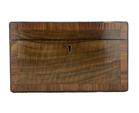 19th century figured walnut and satinwood banded two division tea caddy, of rectangular form, with later interior and key, L2