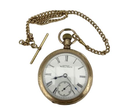 Early 20th century gold plated keyless lever pocket watch by American Watch Co, Waltham, No. 5443173, white enamel dial with 