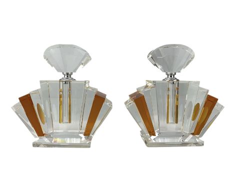 Pair of large Art Deco style amber flashed and clear glass scent bottles, of fan form, H24cm 