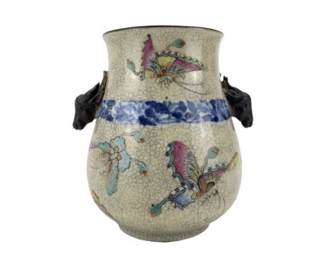 20th century Chinese crackle glaze Hu form vase, the body enamelled in the rose Canton style with Butterflies and painted wit