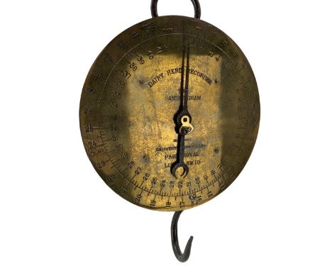 Set of early 20th century brass spring balance dairy scales, dial inscribed 'Dairy Herd Recorder, The Sandringham, Dairy Supp
