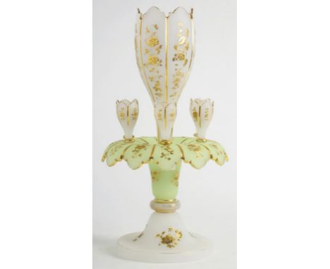 A VICTORIAN PALE GREEN AND FROSTED OPAL GLASS CENTREPIECE, DECORATED IN RAISED GILDING, THE EVERTED NECK WITH SIX DETACHABLE 