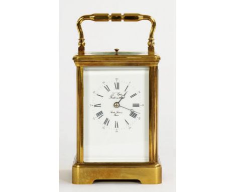 A FRENCH BRASS CARRIAGE CLOCK, THE ENAMELLED DIAL INSCRIBED L'EPEE, THE GONG STRIKING MOVEMENT WITH PLATFORM LEVER ESCAPEMENT