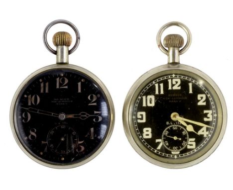 ROYAL FLYING CORPS.  TWO WORLD WAR ONE NICKEL PLATED KEYLESS LEVER WATCHES  thirty hour non luminous MK5 BE967 or BL 1371, on