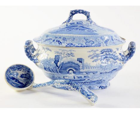 A SPODE BLUE PRINTED EARTHENWARE SOUP TUREEN, COVER AND LADLE, CASTLE PATTERN, 26.5CM H, PRINTED MARK, EARLY 19TH CENTURY 