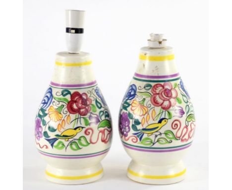 A PAIR OF POOLE POTTERY EARTHENWARE LAMPS, DECORATED WITH STYLISED FLOWERS, FOLIAGE AND BIRDS, 24CM H, PRINTED MARK, 20TH CEN