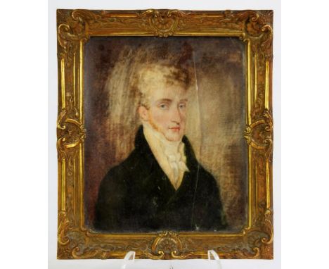 PORTRAIT MINIATURE.  ENGLISH SCHOOL, 19TH CENTURY - A GENTLEMAN, IVORY, 11.5CM X 9.5CM, GILT BRASS FRAME