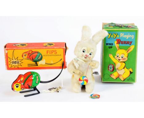 VINTAGE TOYS.  A JAPANESE YOYO WIND UP  BUNNY, BOXED, 1960'S AND A CONTEMPORARY EAST GERMAN JUMPING MOUSE, BOXED