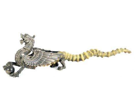 AN EPNS AND DEER HORN DRAGON TABLE LIGHTER, 54CM L, MARKED RD NO. 51318, LATE 19TH CENTURY