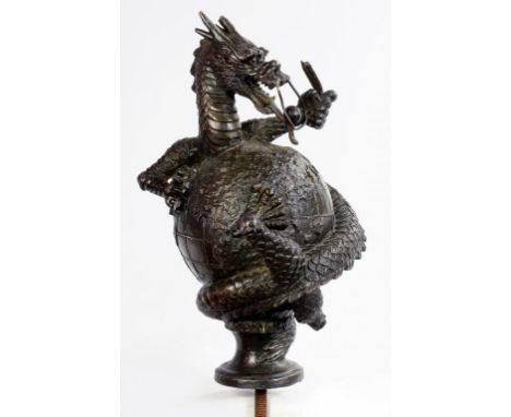 A BRONZED METAL DRAGON AND GLOBE FINIAL, 23CM H, EXCLUDING SCREW