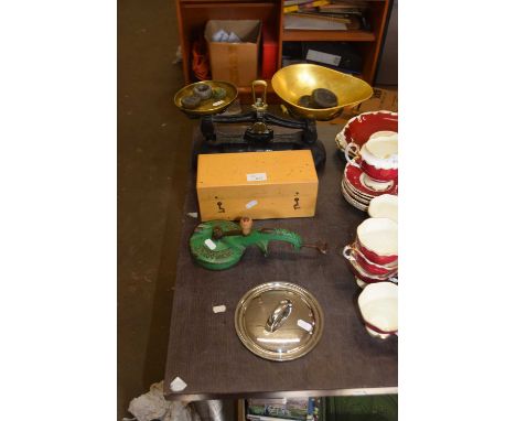 Vintage scales with weights, a further cased set of precision brass weights and a vintage bean slicer